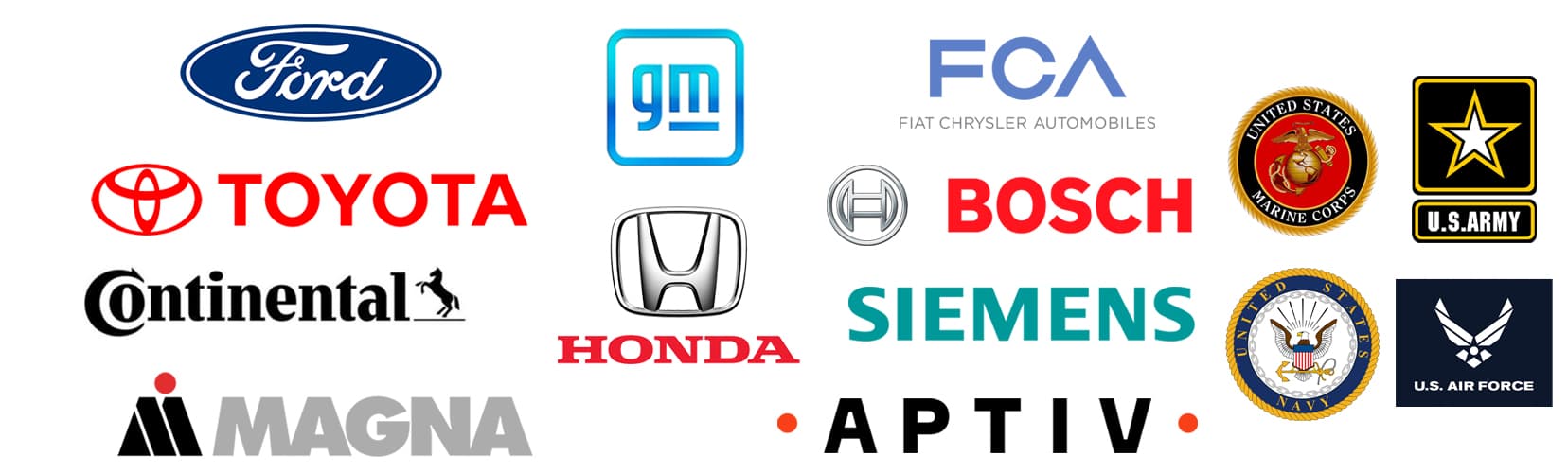 logos for: ford, FCA, gm, magna, aptiv, bosch, Siemens, Honda, Toyota and the armed forces