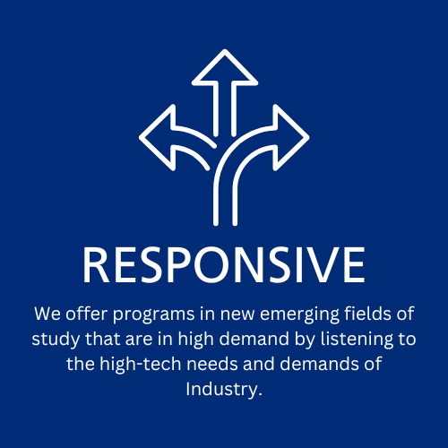 Responsive: We offer programs in new emerging fields of study that are in high demand by listening to the high-tech needs and demands of Industry.