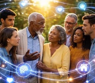A group of adults standing together with glowing digital icons connected by flowing lines around them.
