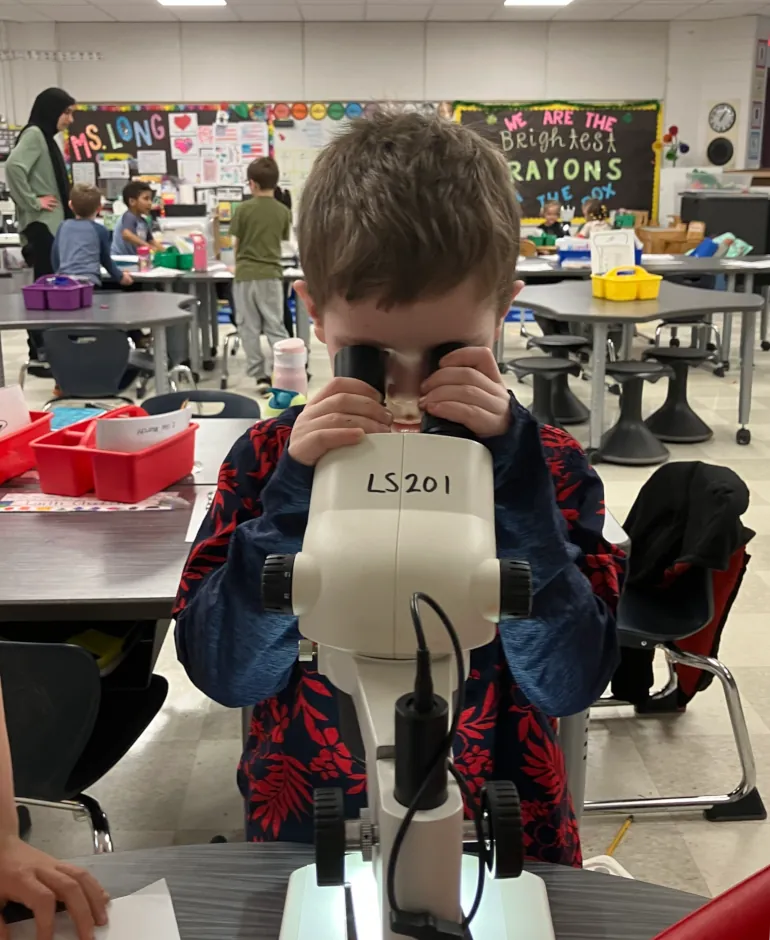 A young boy in a classroom looking into a microscope